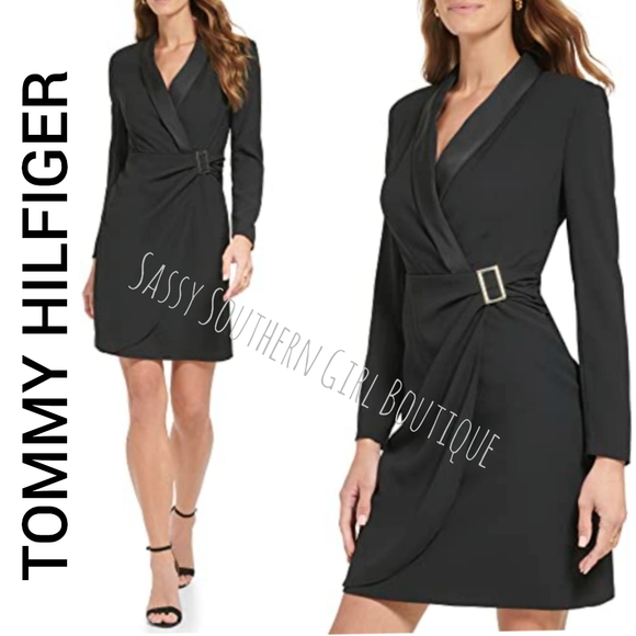 ⭐🆕 Tommy Hilfiger Black Faux Wrap Dress - Picture 1 of 15